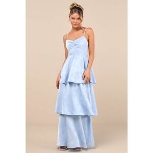 NWT Lulus Prigette Light Blue Jacquard Tiered Maxi Dress Gala Banquet Wedding M